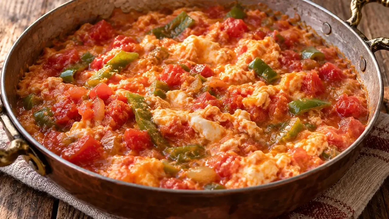 Bakır tavada domatesli biberli menemen