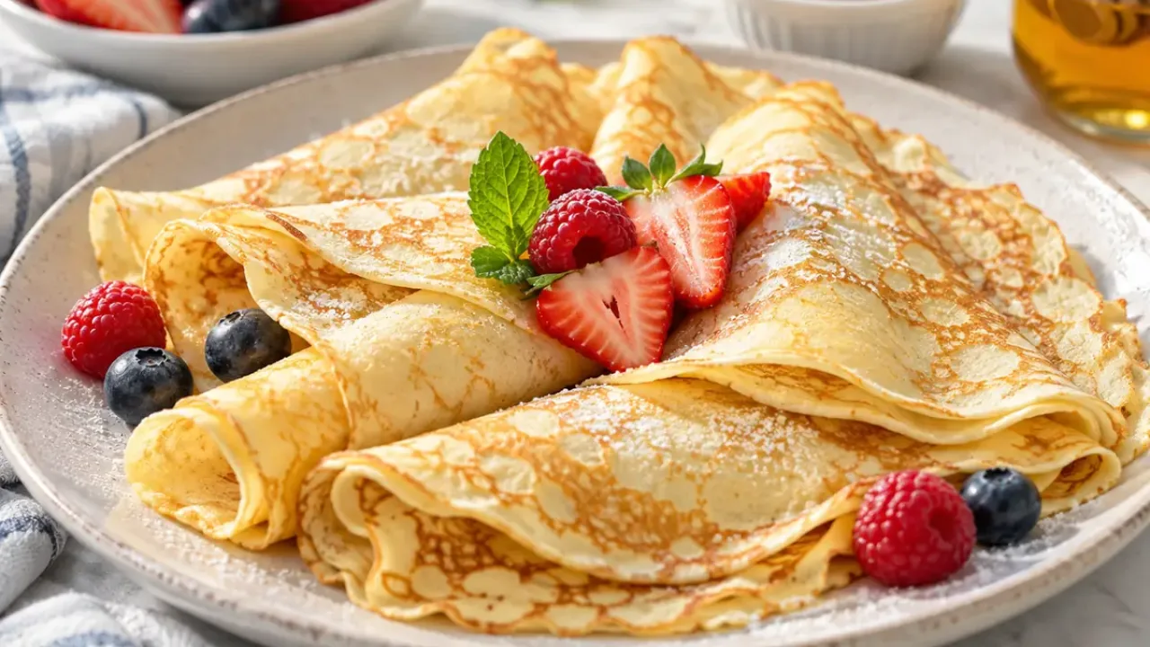 Thin classic crepes served with berries