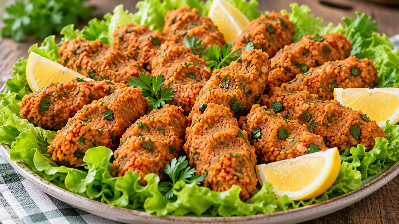 Marul yaprakları üzerinde limon dilimleriyle servis edilen mercimek köftesi