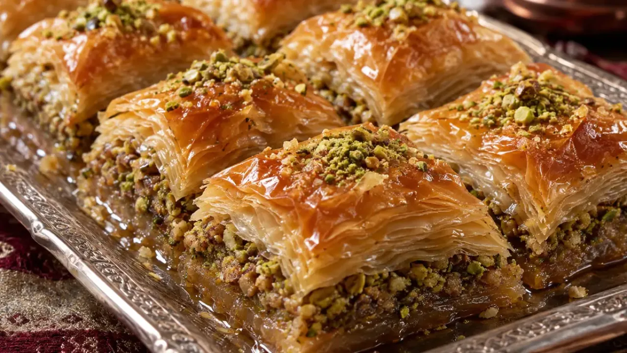 Homemade baklava garnished with pistachios